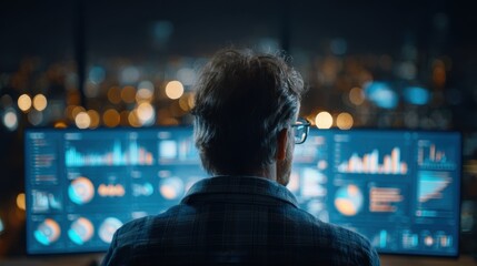Fototapeta premium Studying data on glowing screens, the analyst works with deep focus, while blurred charts and office elements highlight concentration, precision, and insight-driven decisions. 