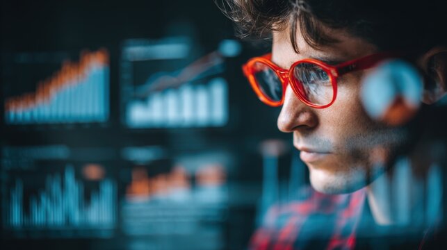 With attention on evolving metrics, the analyst interprets information carefully, while blurred surroundings reflect a dynamic workspace driven by data and strategic insight.
