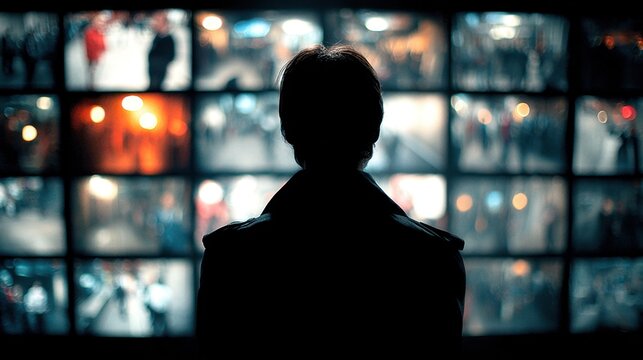 Positioned at the control station, the guard oversees live footage, as indistinct screens emphasize vigilance, security management, and the ongoing task of safeguarding the environment.
