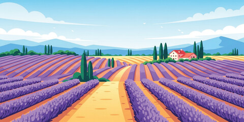 Lavender Field Landscape with Blooming Purple Flowers Rural Farmhouse and Scenic Countryside Panorama Summer Nature Travel Vector Illustration