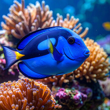 A vibrant orange clownfish swims gracefully among tropical coral reefs and sea anemones in a colorful underwater marine aquarium