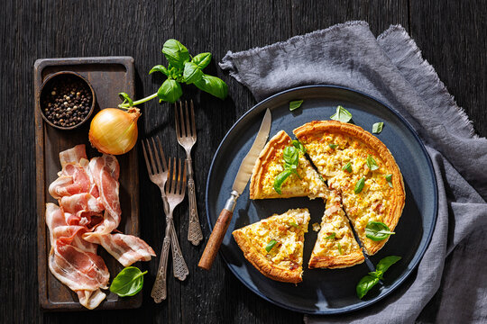 Quiche Lorraine with bacon, cheese and fresh basil