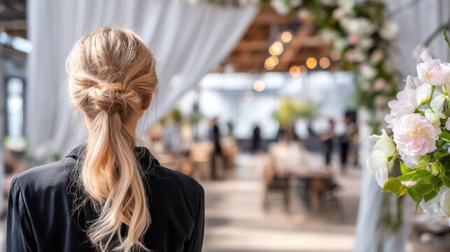 An event planner prepares a venue, viewed from behind with softly blurred decor suggesting coordination, creativity, and a carefully organized event atmosphere.
