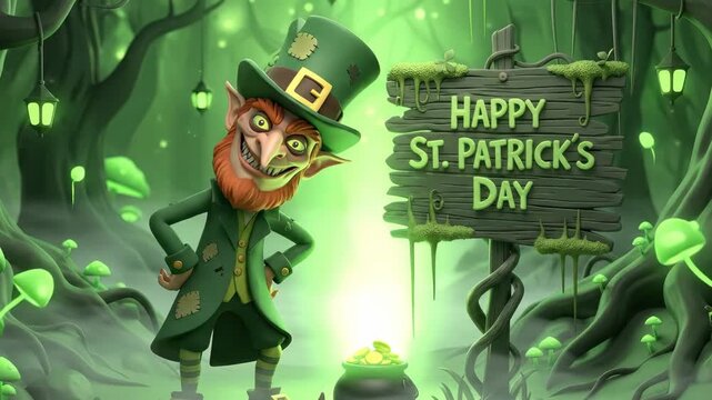 Animated leprechaun welcomes viewers on st patricks day in a mystical forest