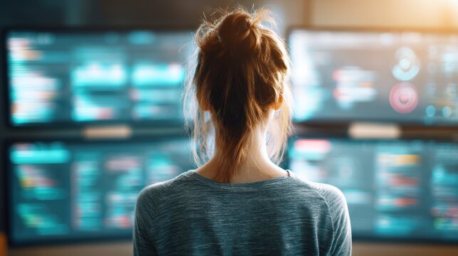 A UX designer studies interface elements on displays, with out-of-focus workspace details reinforcing a creative, user-centered design process.
