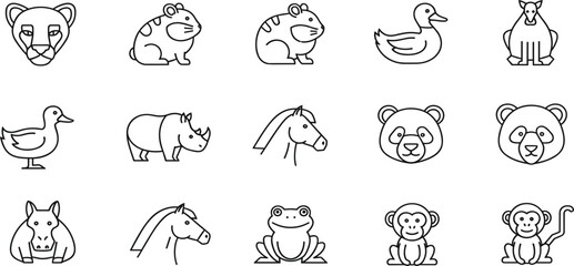 Minimal Animal Outline Icon Set with Bear Panda Monkey Frog Horse Rhino Duck and Wild Animals for Logo Design, Coloring Pages, and Kids Education