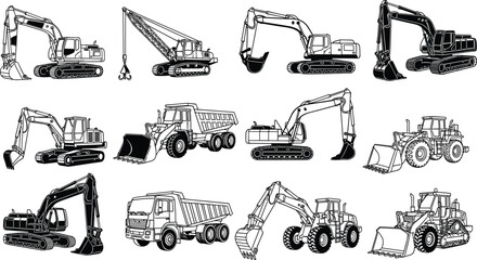 Construction machinery silhouettes, excavator bulldozer crane dump truck loader icons, heavy equipment illustration set for building industry engineering design © MDMAHABUBUR