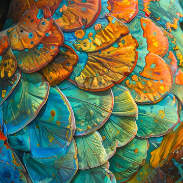 A colorful Japanese paper parasol creates an abstract fractal background with a floral pattern of circles and textures, blending traditional Asian art with a decorative fossil-like design