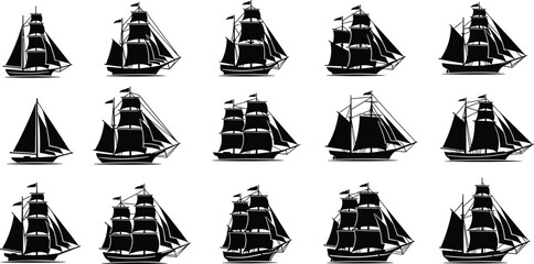 Large Collection of Nautical Sailing Ship Silhouettes Featuring Various Vintage Galleons Frigates and Schooners Isolated on White Background for Maritime Logo Design and Coastal Branding © Mukta's World