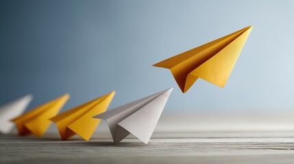 Leading yellow paper plane flying ahead of a row of white and orange planes on a wooden surface, depicting market leadership, competitive edge, and moving forward in business.