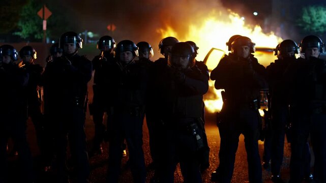 Urban Clash Intensifies. Violent Street Scene Showing Police And Fire Amidst Thick Smoke And Lights