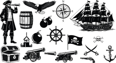 Large Set of Pirate Silhouettes Featuring Captain Sailing Ship Treasure Chest Cannons and Nautical Symbols Isolated on White Background for Maritime Adventure and Storytelling Design © Mukta's World