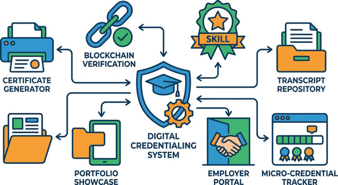A digital credentialing system diagram illustrates the flow from certificate generation to transcript repository using blockchain verification.