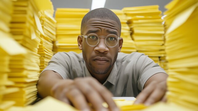 Man surrounded by paper stacks. Focused intense look. Information overload concept.
Portrait of professional among piles of documents symbolizing heavy workload. Modern business stress and data proces
