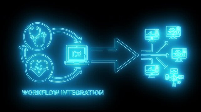 Neon-lit workflow integration diagram with glowing blue icons and arrows on a dark background.