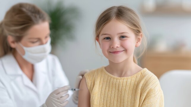 Child vaccination moment. Healthy smiling girl. Medical care concept. Young girl receiving vaccine injection from healthcare professional in clinic. Preventive medicine, immunization and pediatric
