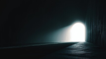 Fototapeta premium Cinematic view of a bright white light at the end of a long dark underground tunnel, symbolizing hope, clarity, spiritual transition, and the light at the end of the difficult journey.