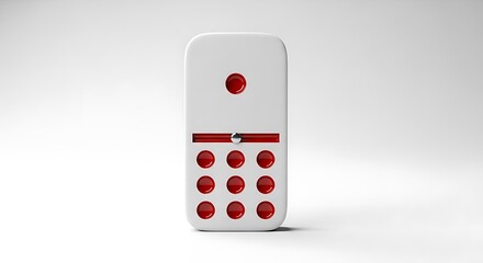 A white remote control with red buttons on a plain background