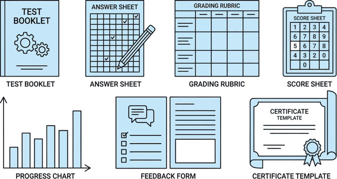 Assessment documents illustrate educational evaluation forms such as a test booklet, answer sheet, grading rubric, and progress chart.
