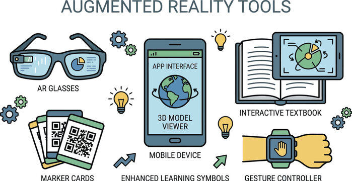 Augmented reality tools display modern technology concepts including AR glasses, mobile devices, and interactive learning materials.