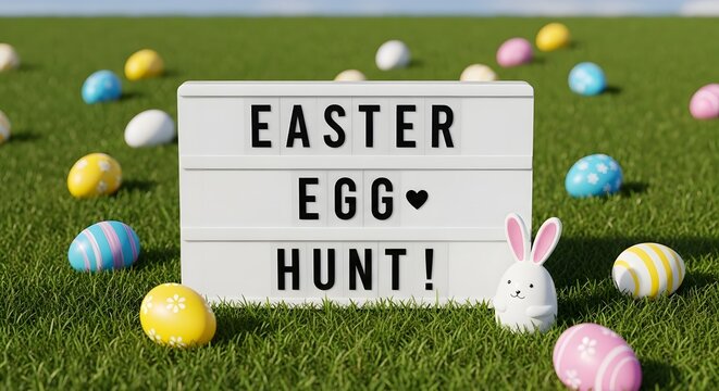 Easter Egg Hunt Sign with Colored Eggs and Bunny on Green Grass lightbox letters