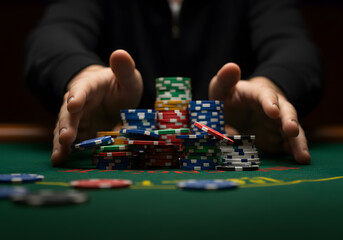 Naklejka premium Hands holding poker chips on green table
