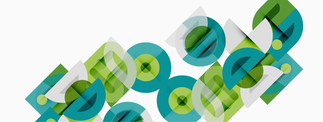 Plakat Abstract geometric shapes overlap, creating dynamic visual pattern. Teal, green hues dominate composition. Minimalist design.