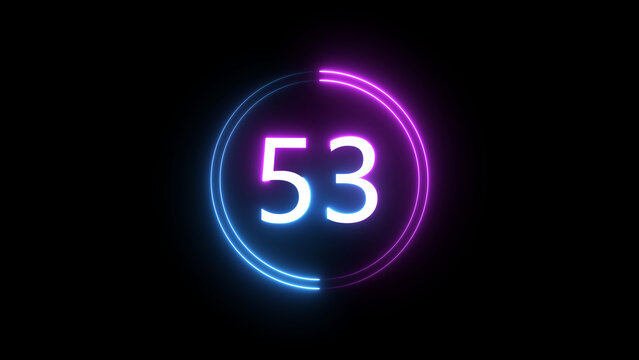 A dynamic circular illustration, and glowing count neon number 53 illustration . on a black background. and creating a stunning 4k illustration.