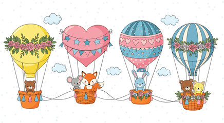 Cute animals flying in hot air balloons with floral decorations whimsical cartoon vector illustration for kids nursery © MdAbuSayed