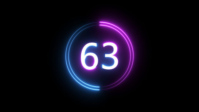A dynamic circular illustration, and glowing count neon number 63 illustration . on a black background. and creating a stunning 4k illustration.