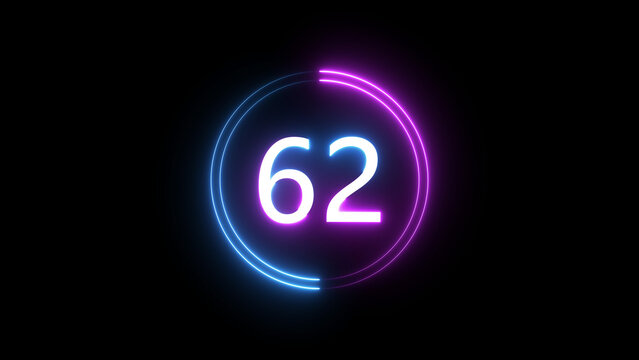A dynamic circular illustration, and glowing count neon number 62 illustration . on a black background. and creating a stunning 4k illustration.