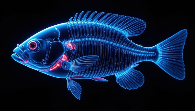 Glowing blue fish skeleton x-ray with red organs on black background, scientific medical illustration, deep sea, internal organs, x ray