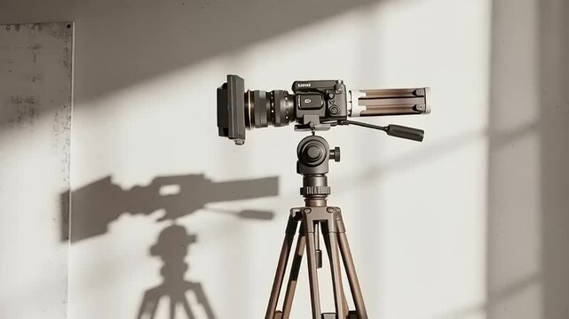 Camera on tripod in studio lighting setup.