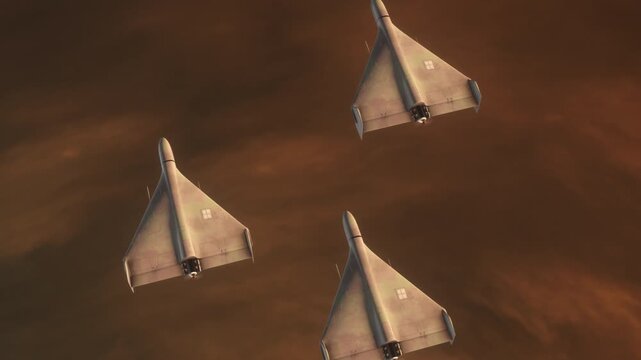 Passing Above Trio of Shahed 136 Kamikaze Drones Flying Above Sunset Clouds. Close-up detailed 3d animation. UAV Unmanned Aerial Vehicle. Modern Technology Warfare in the Air. Combat Aircraft.