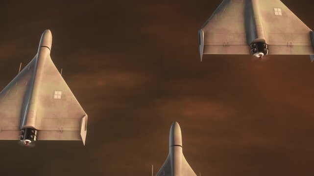 Rising Shot Above Sunset Clouds of Trio of Shahed 136 Kamikaze Drones Flying Above Clouds. Close-up detailed 3d animation. UAV Unmanned Aerial Vehicle. Modern Technology Warfare in the Air.