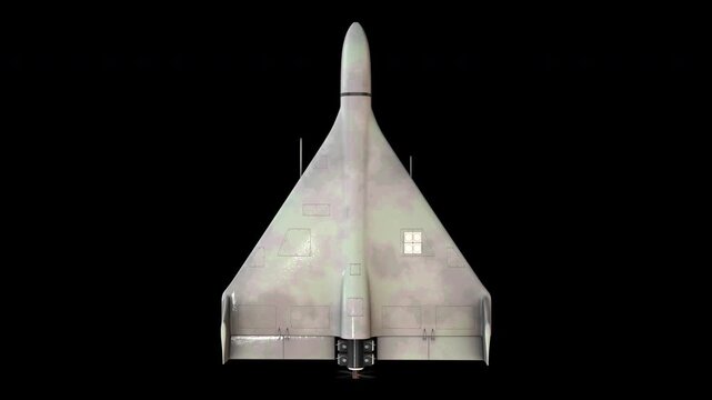 Rotating Shahed 136 Kamikaze Drone on Black Background. Close-up detailed 3d animation. UAV Unmanned Aerial Vehicle. Modern Technology Warfare in the Air. Combat Aircraft.