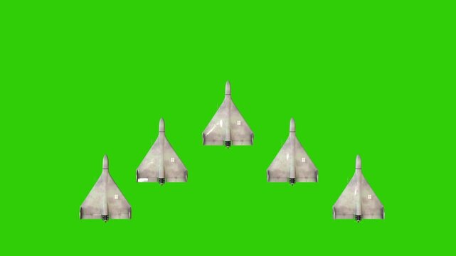 5 Shahed 136 Kamikaze Drones Flying on Green Screen Background. Close-up detailed 3d animation. UAV Unmanned Aerial Vehicle. Modern Technology Warfare in the Air. Combat Aircraft.