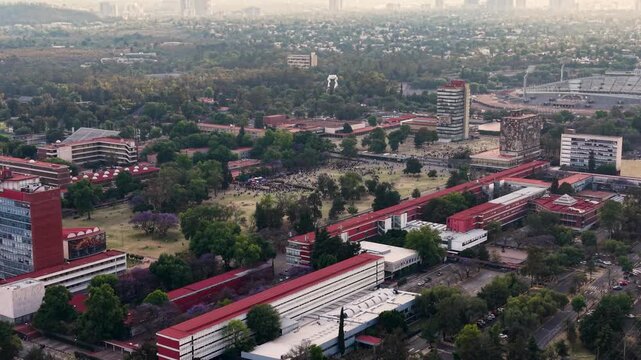 Scenic aerial of university grounds in metropolitan area