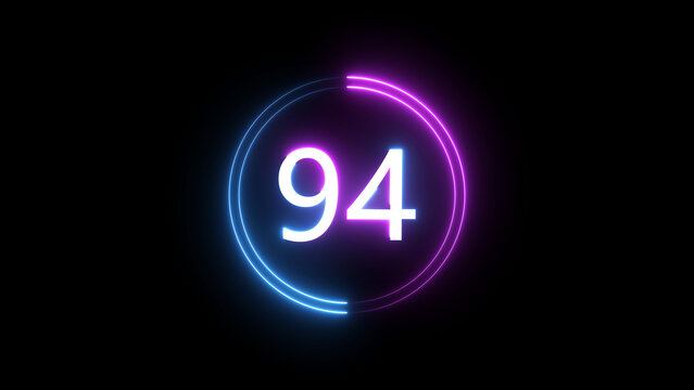 A dynamic circular illustration, and glowing count neon number 94 illustration . on a black background. and creating a stunning 4k illustration.