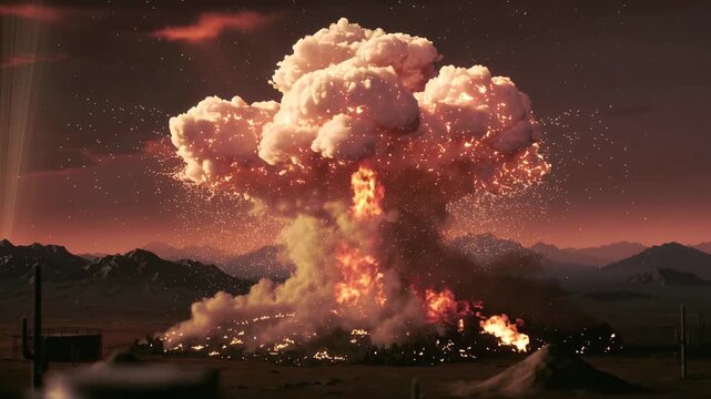 Explosion of a Powerful Mushroom Cloud in a Desert Landscape at Dusk