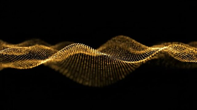 Abstract Golden Wave Particle Flowing on Black Background.