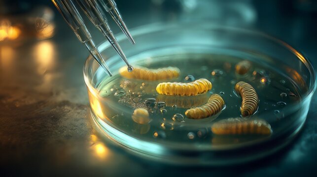 Scientific experiment involving a petri dish with liquid and stringy substances. Microfluidics, biology, or chemistry research.  pipettes with glowing light,  illuminating samples experiment. 