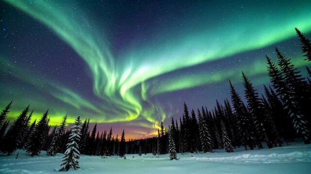 Aurora scene over the snow forest