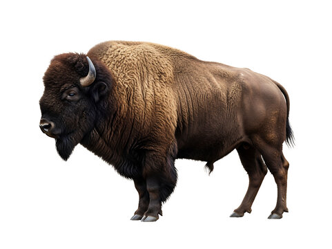 American buffalo standing side view, full body wildlife cutout, highly detailed fur layers, transparent background