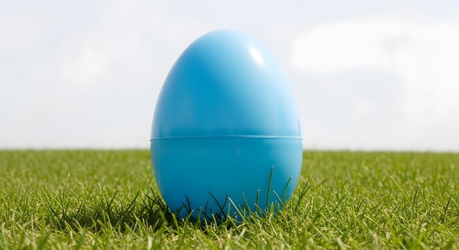 Large blue plastic Easter egg standing on green grass outdoors