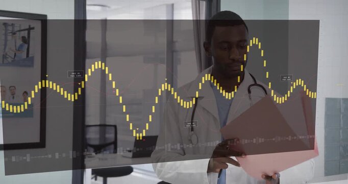 Male doctor opening pink folder and reviewing medical chart, initiating HUD with yellow waveform