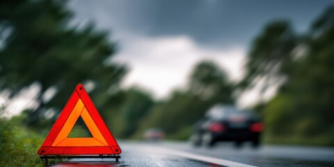 The warning triangle on a roadside beside a blurred moving car