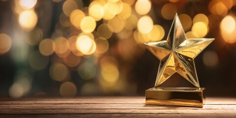 Obraz premium The Star Trophy on a Wooden Table with Festive Bokeh Lights