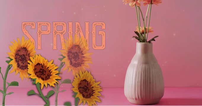 SPRING typography sliding in, vase and bouquet growing taller and opening blossoms for spring promo