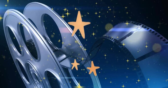On playback start silver reel rotating, orange stars drifting up, sparkles twinkling for logo intro